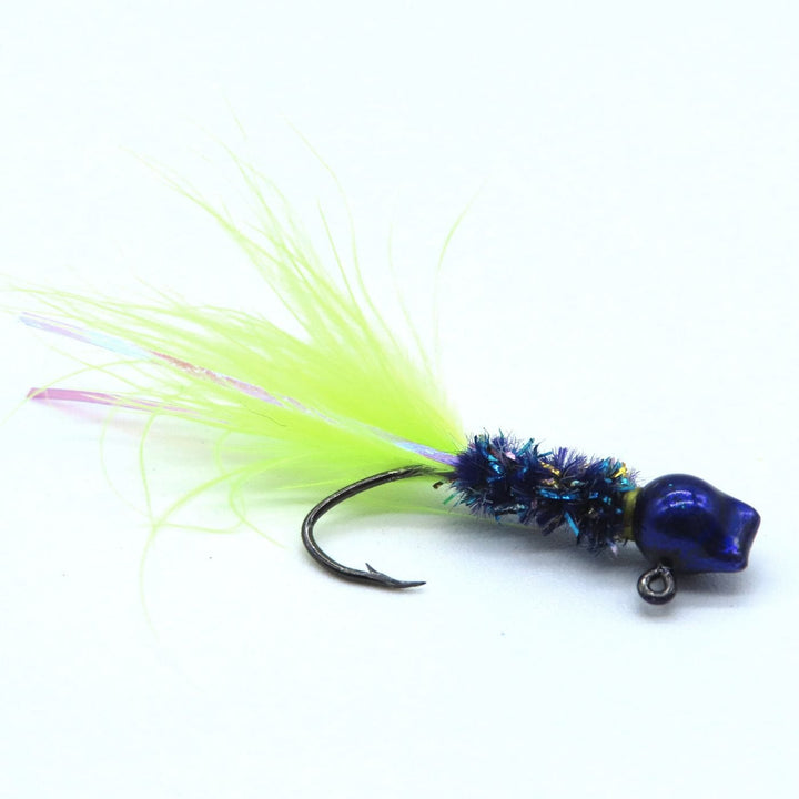 Hand tied Crappie jig featuring a custom Junebug hatchet head, junebug body chenille, Chartreuse marabou tail, and silver flash. Hand tied onto a #4 Mustad sickle hook by Ramble Tamble Tackle.