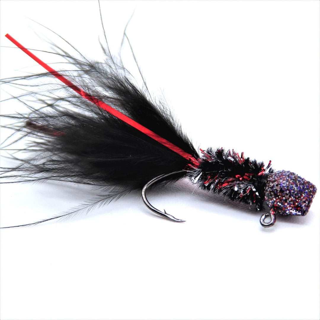 Hand tied Crappie jig featuring a custom Black and red flake hatchet head, custom red shad chenille, Black marabou tail, and Red flash. Hand tied onto a #4 Mustad sickle hook by Ramble Tamble Tackle.