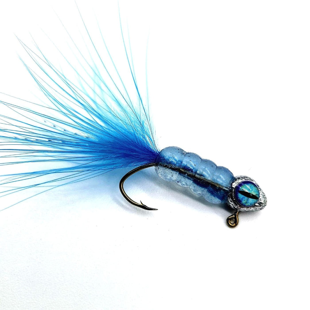 Hand tied Crappie jig, jelly belly jig with transparent blue colored soft plastic body and a blue/gray marabou tail. The minnow style head is custom painted with Disco silver  powder paint and blue 3d dragon eyes.Hand tied on a mustad sickle hook by Ramble tamble tackle.