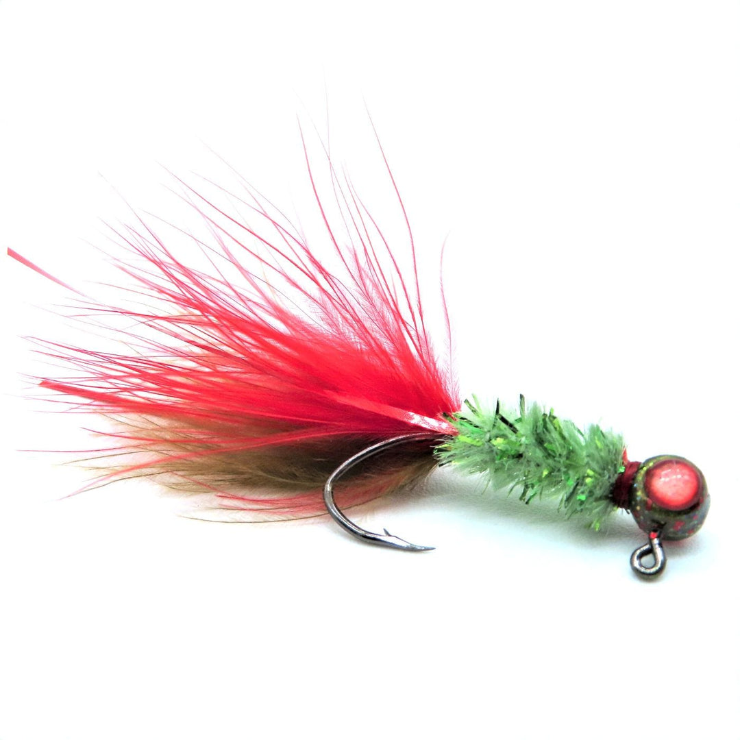 Hand tied Crappie jig featuring a watermelon flake head, red 3D eyes, green body chenille,Red/Olive marabou tail, and red flash. Hand tied onto a #4 Mustad sickle hook by Ramble Tamble Tackle.