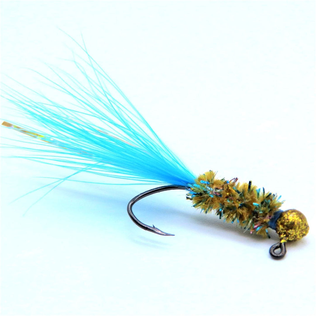 Hand tied Crappie jig featuring a Round Disco Gold jig head, Lake fork fury  chenille body, blue marabou tail and gold flash. Hand tied onto a #4 Mustad sickle hook by Ramble Tamble Tackle.