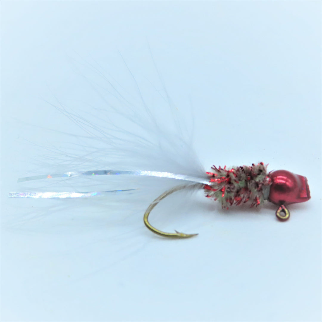 Hand tied Crappie jig featuring a custom candy red  hatchet head, custom apple cider chenille,  white marabou tail, and silver flash. Hand tied onto a #4 Mustad sickle hook by Ramble Tamble Tackle.